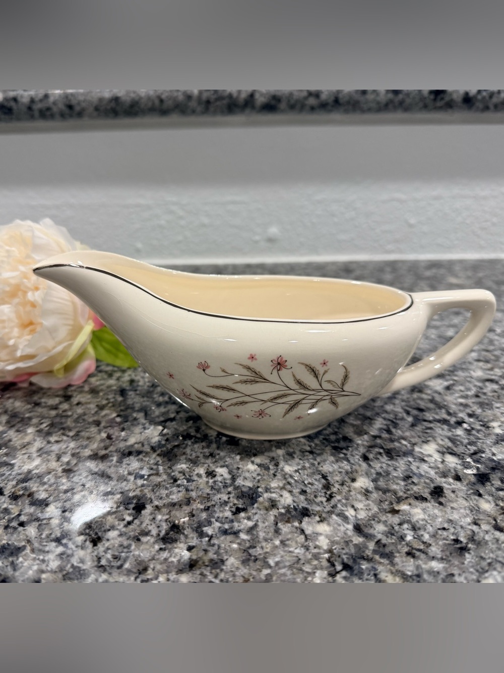 Cream Floral Ceramic Gravy Boat with Pink Accents